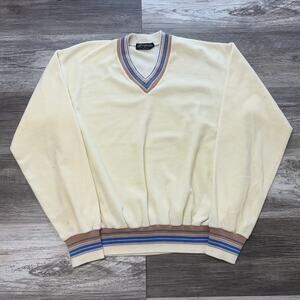 Vintage Eastpointe Yellow Tan Mens L‎ Tennis V-Neck Knit Pullover Chic Sweater